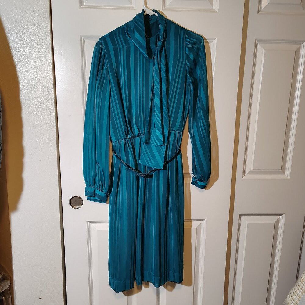 Vintage 1960s Secretary Dress Miss Elliette California Teal Blue Midi NWT NOS